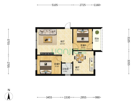 广播电视局宿舍(新安街) 2室2厅1卫 66平方