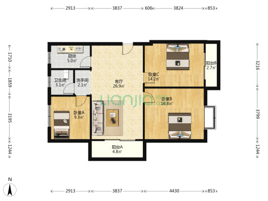 银胜名都二期 3室1厅2卫 120平方