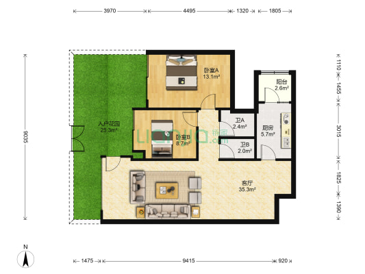 泷景二期 2室1厅2卫 103平方