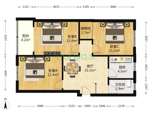 纬四路15号院 3室1厅1卫 77平方