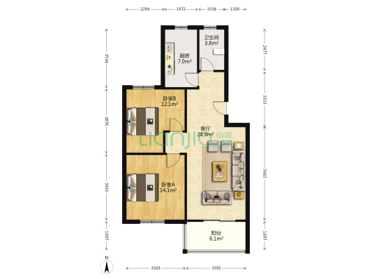 政法街旁精装修两居室出售南北通透户型号-户型图