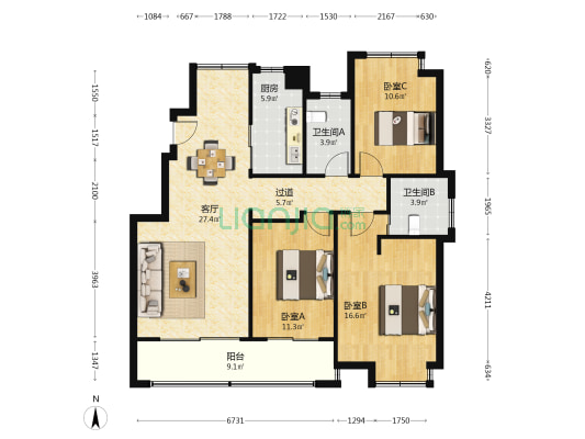 融创熙园五期南区 3室1厅2卫 113平方