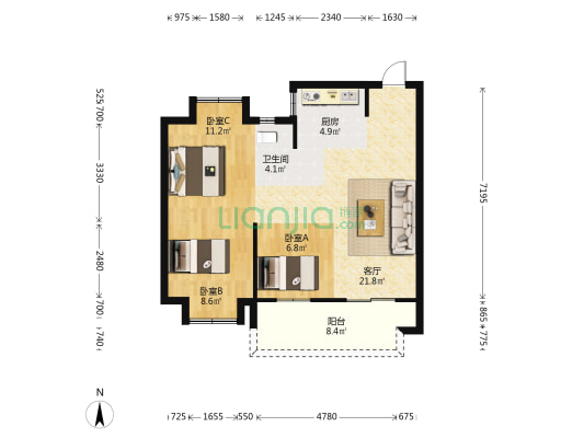 旭辉融信时代江来 3室1厅1卫 76平方