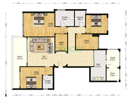 德商迎晖天玺 4室1厅3卫 190平方