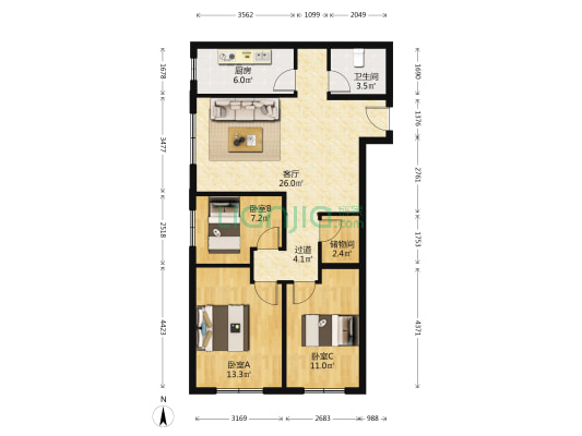 北京城建畅悦居D区 3室1厅1卫 104平方
