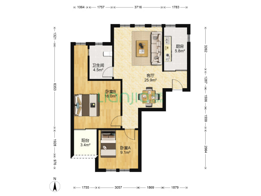 绿城桂花园 2室1厅1卫 85平方