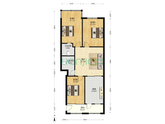 洪口路493-511号 3室1厅2卫 120平方