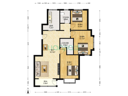 玺悦峰 3室1厅2卫 120平方