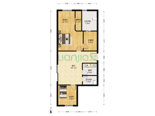 人民花园 2室1厅2卫 78平方