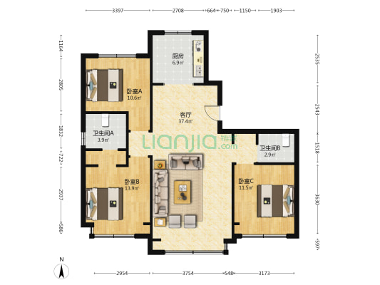 融汇中央广场 3室1厅2卫 135平方