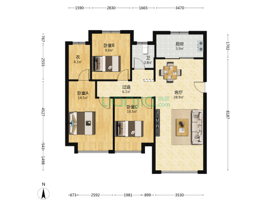 大名城明月轩 3室1厅1卫 115平方