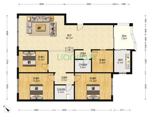 海德小区 4室1厅2卫 158平方