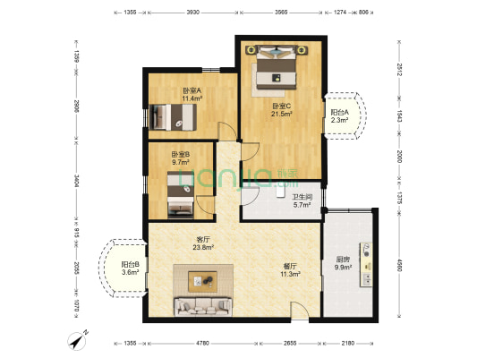 中心花苑 3室2厅1卫 122平方