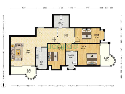 黔龙大厦 3室1厅2卫 118平方