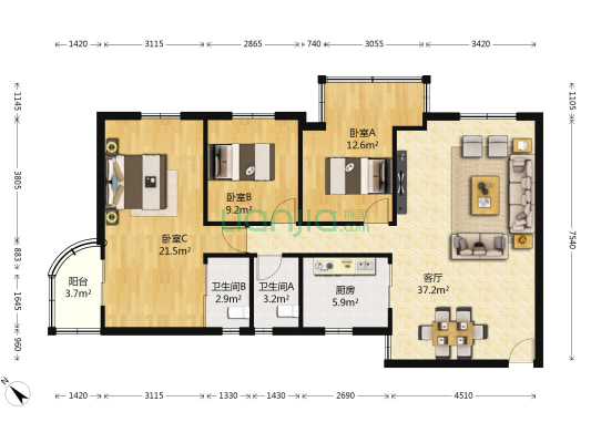 太升大厦 3室1厅2卫 123平方