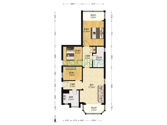 复兴新村小区 3室1厅1卫 88平方