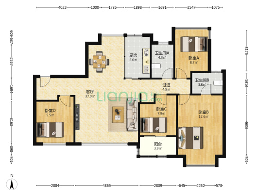 建发港务五缘灏月 4室1厅2卫 143平方
