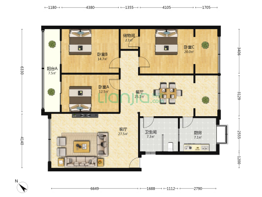 商校二区 3室2厅1卫 137平方