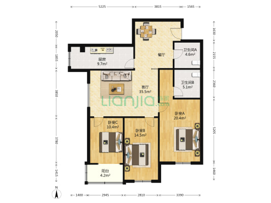 军安商住 3室1厅2卫 145平方