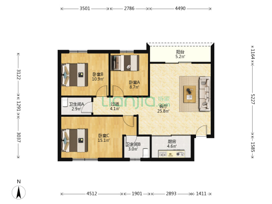 凱旋樓 3室1厅2卫 96平方