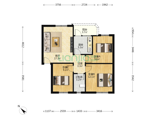 广安花园 3室1厅1卫 75平方