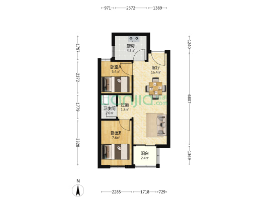保利天禧园三区 2室1厅1卫 62平方