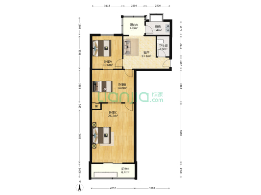 政六街23号院 3室1厅1卫 91平方