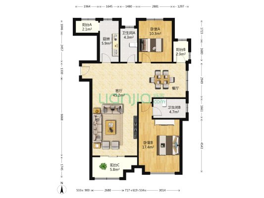 郑开橄榄城三期 2室1厅2卫 114平方