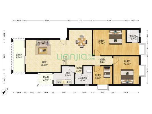 西区丽景花园 3室1厅2卫 118平方