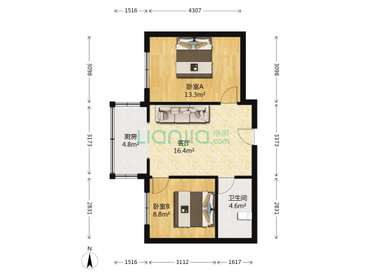 纤园新B区 2室1厅1卫 63平方