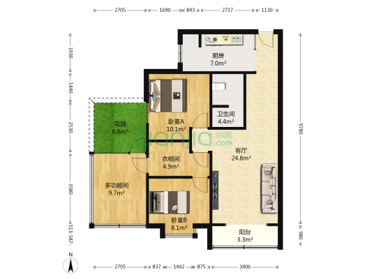 水岸格林 3室1厅1卫 74平方