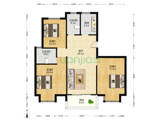 光夏花园 3室1厅2卫 125平方