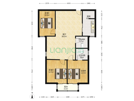 双塔社区低单价三居双卫，中间楼层视野开阔，配套齐全-户型图