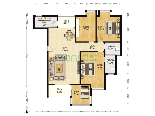 楠郡B区 3室1厅2卫 129平方