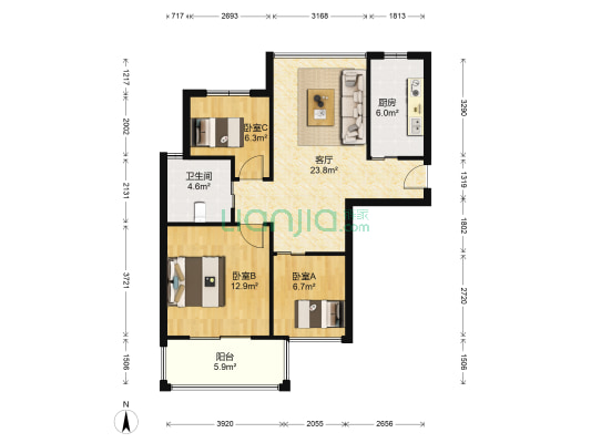 银河新都 3室1厅1卫 80平方