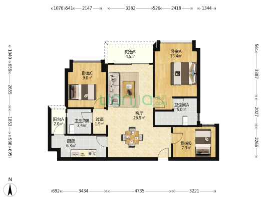 灵山岛金茂湾二期 3室1厅2卫 98平方