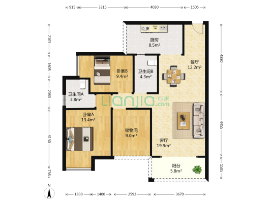 冠臣御品花园 2室2厅2卫 107平方