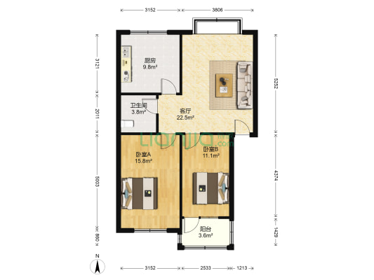 幸福苑小区 2室1厅1卫 80平方