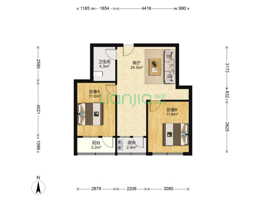 建筑总公司宿舍 2室1厅1卫 74平方