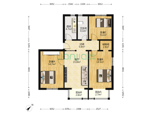 新源里东 3室1厅1卫 97平方