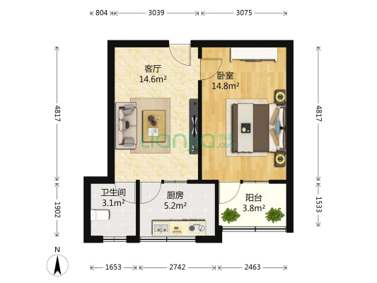 纺织研究所宿舍 1室1厅1卫 51平方