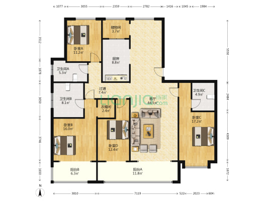 融创臻华园 4室1厅3卫 141平方