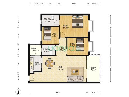 信达华庭 3室1厅2卫 96平方