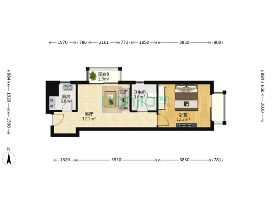 金桥国际 1室1厅1卫 55平方