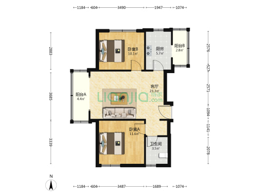 国大太阳都市广场 2室1厅1卫 93平方