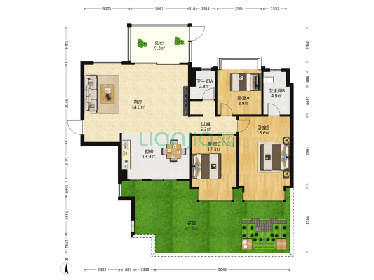 凯旋1号上水湾 3室1厅2卫 129平方
