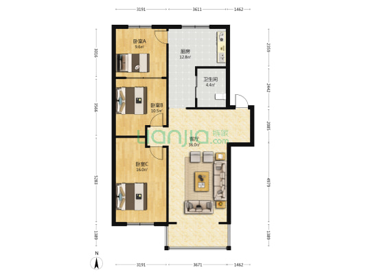 厦门街2号 3室1厅1卫 112平方