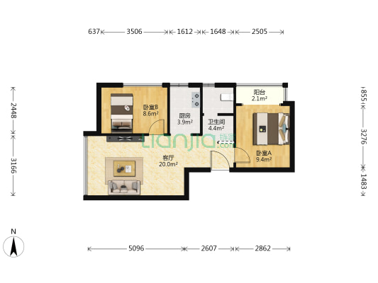万达东坊 2室1厅1卫 70平方