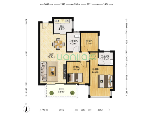 五象大唐果 3室1厅2卫 90平方
