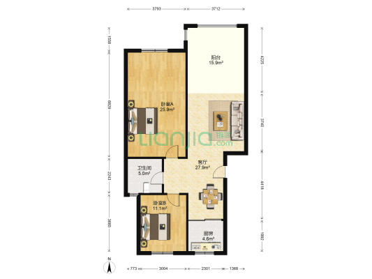 领海公馆 2室1厅1卫 93平方